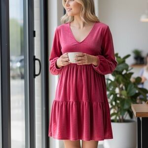 Umgee XL Hot Pink 3/4 Sleeve Tiered Dress